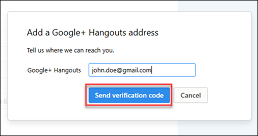 Screenshot of the Send Verification Code button in the Google Plus Hangouts dialog.